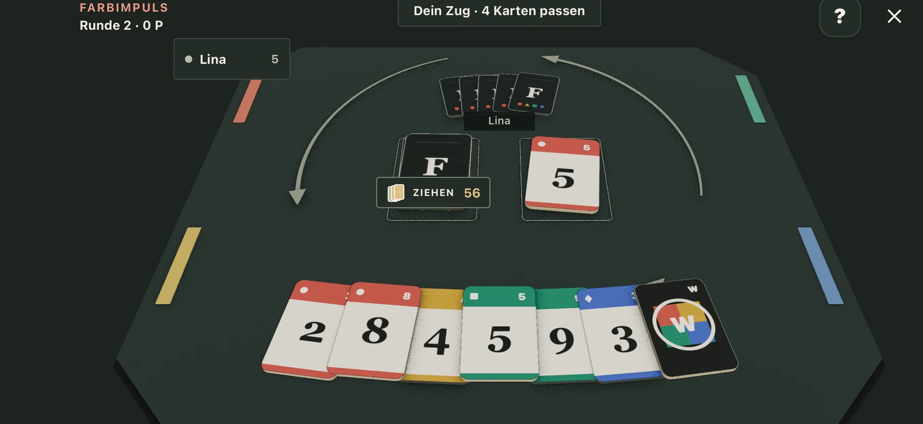 Farbimpuls in der App: gemeinsamer Spieltisch mit offenen eigenen Karten und verdeckten Gegnerkarten.